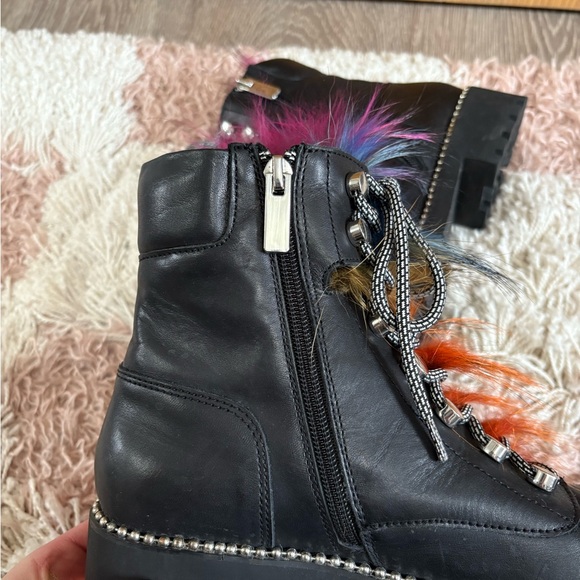 CECILIA NEW YORK Black Leather Trekker Boots with Multicolor Fur Trim - Picture 10 of 12
